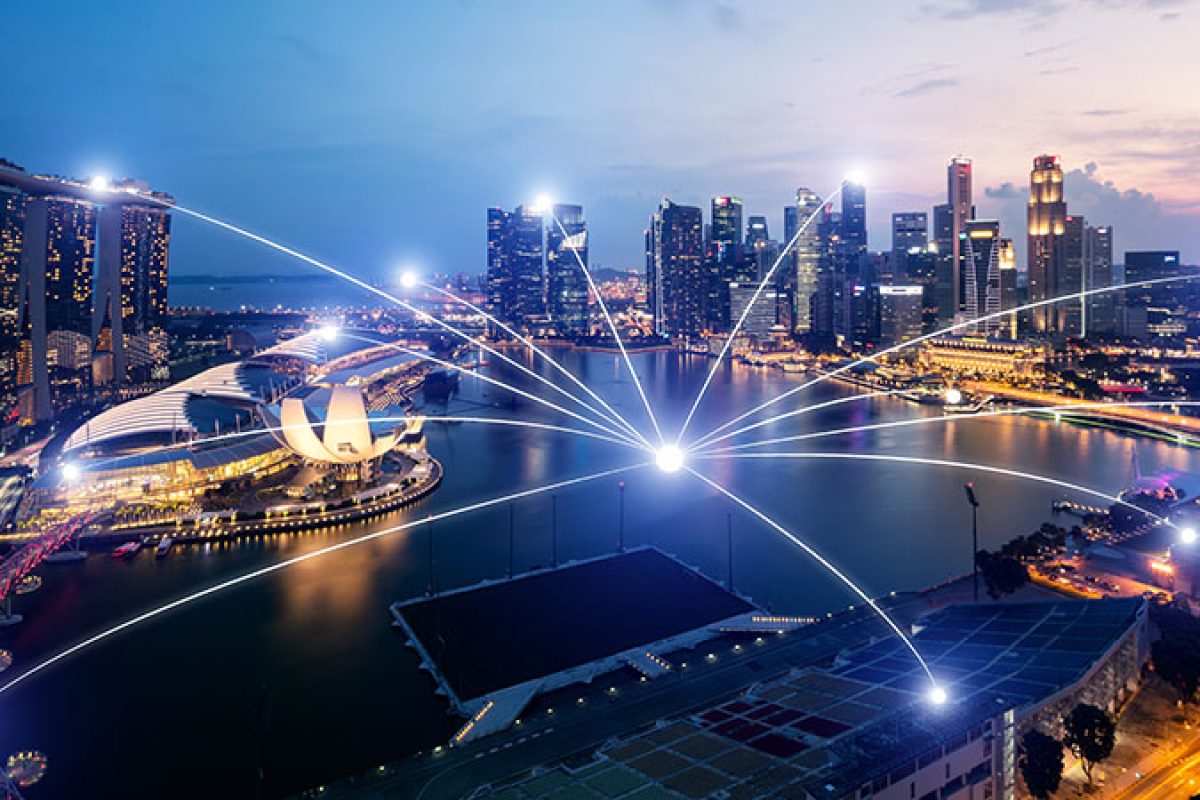 Network business conection system on Singapore smart city scape in background.Network business conection concept